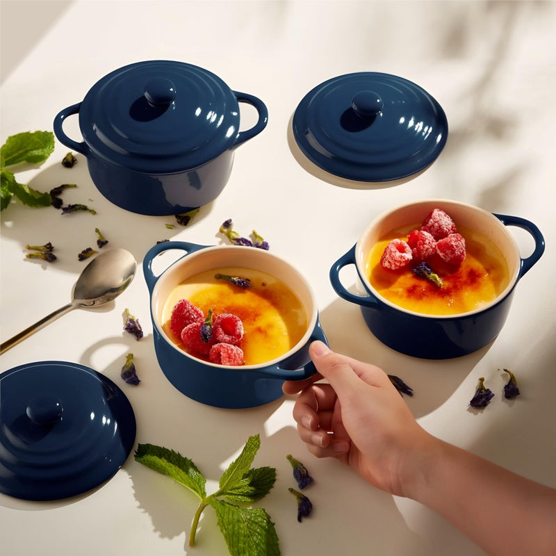Kook Ceramic Mini Cocotte Set  Small Casserole Dishes with Lids and Handles  Individual Baking Ramekins  Oven  Microwave & Dishwasher Safe  Stoneware  12 oz  Set of 4 (Navy) - Image 2